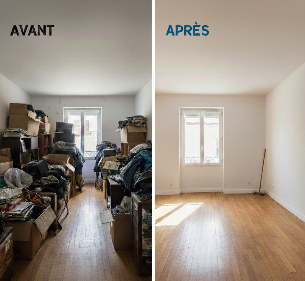 Comparatif avant après d'un débarras de maison à Montpellier par Occi-Débarras montrant une pièce encombrée et une pièce vide nettoyée.